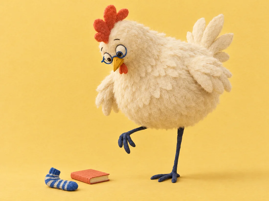 A handmade fluffy giant chicken with tiny blue glasses cautiously examining a striped sock.